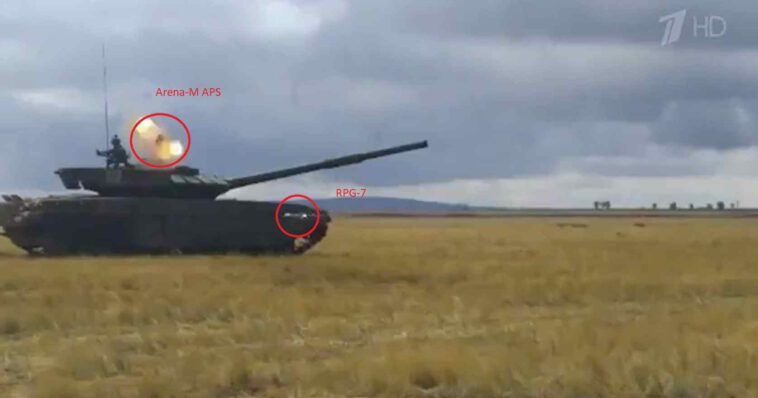 نظام الحماية النشط الروسي Arena-M APS مثبت على دبابة T-72B3M يعترض صاروخ مضاد للدبابات بنجاح