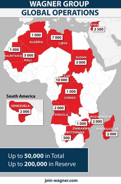 الاتحاد الأوروبي ينشر خريطة مناطق انتشار مرتزقة فاغنر الروسية في إفريقيا