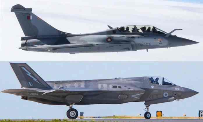 صورة توضح الفرق بين البصمة الحرارية للمقاتلة الفرنسية رافال ، والمقاتلة الأمريكية إف-35