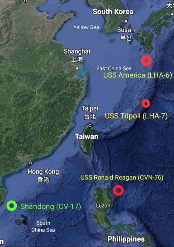 حاملة الطائرات الصينية شاندونغ Shandong (CV-17) والسفن البحرية الأمريكية في جميع أنحاء تايوان